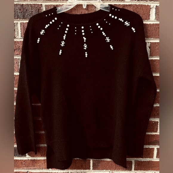 Women’s LOFT Pearl Embellished black sweater sz XXS Petite classic academia Goth - Picture 2 of 11